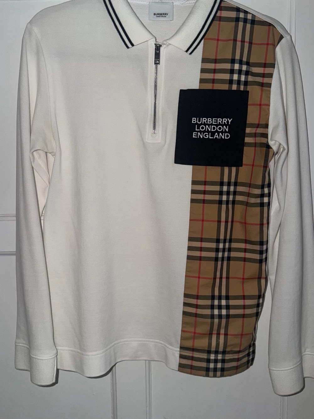 Burberry White Long-Sleeve Zip Sweater with Vintage Check Panel